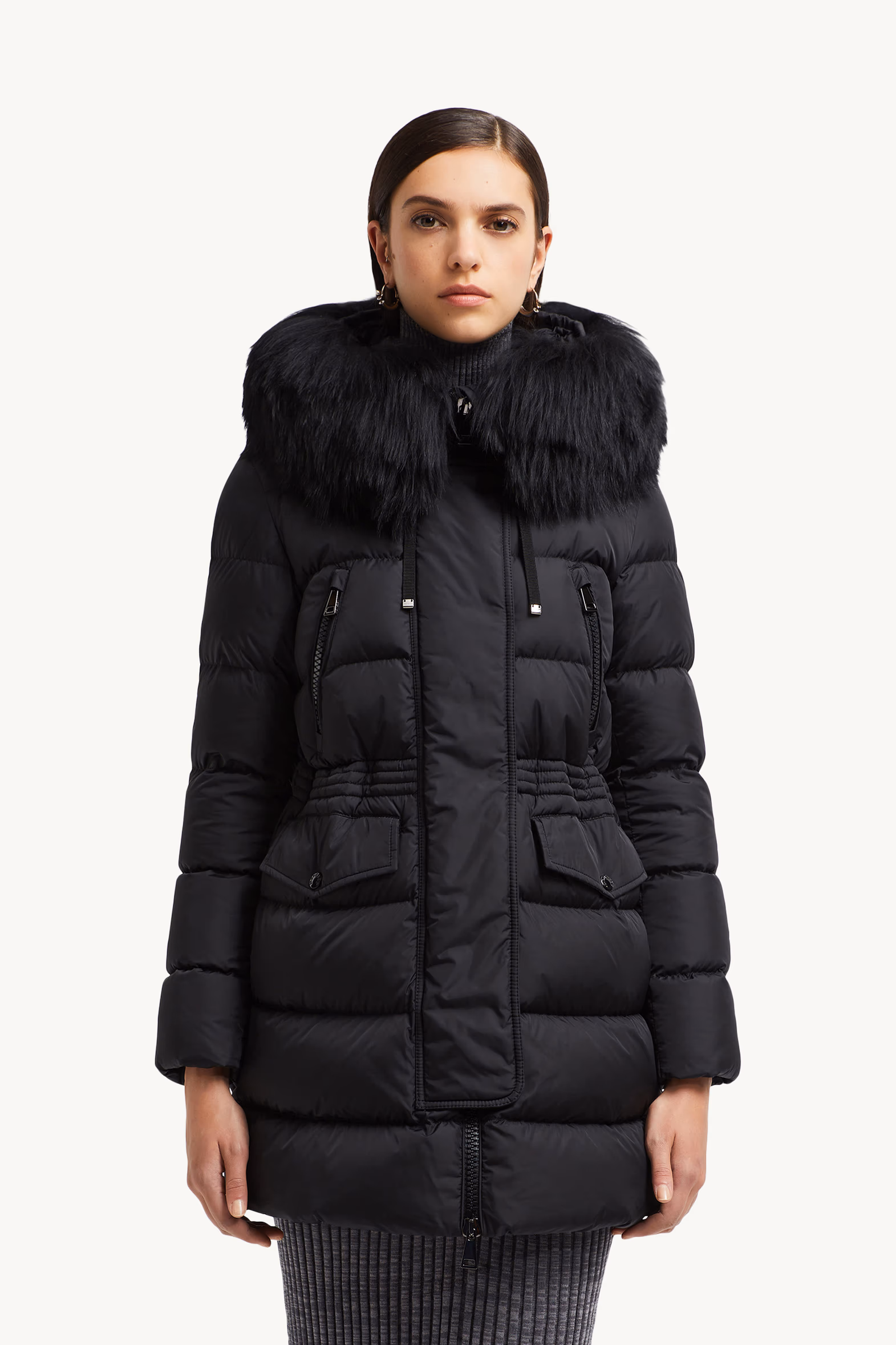 Aphroti Hooded Shearling-Trimmed Long Down Jacket Women Black Moncler 3